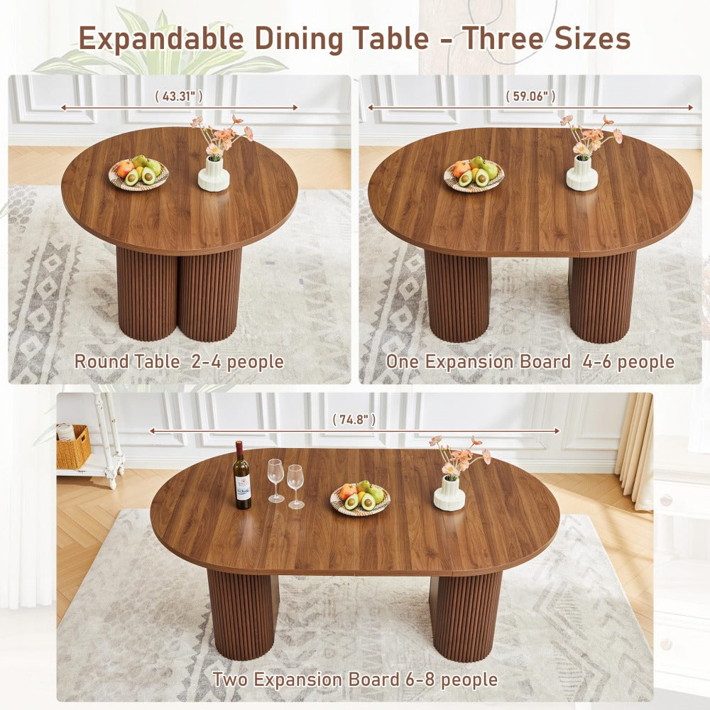 Expandable dining table shown in three size configurations with dimension labels and text reading 'Expandable Dining Table - Three Sizes.' The table has a medium brown woodgrain top and fluted pedestal legs, displayed in a bright indoor room setting with food and drink props on top.