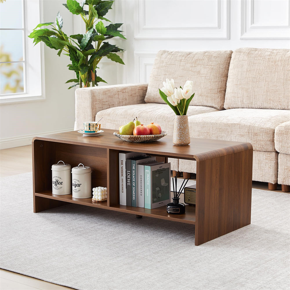 Wooden coffee table with decorative items in a living room setting