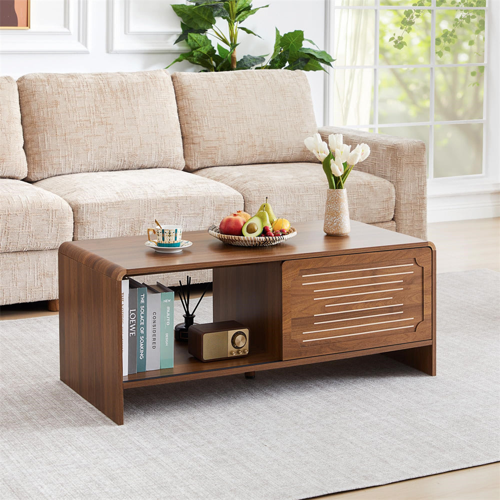 Wooden coffee table with decorative items in a living room setting