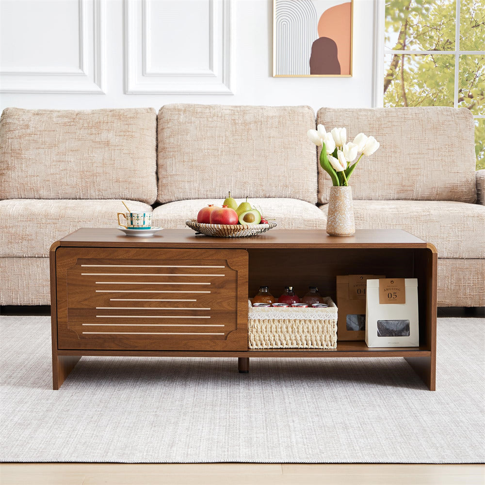 Wooden coffee table with decorative items in a living room setting