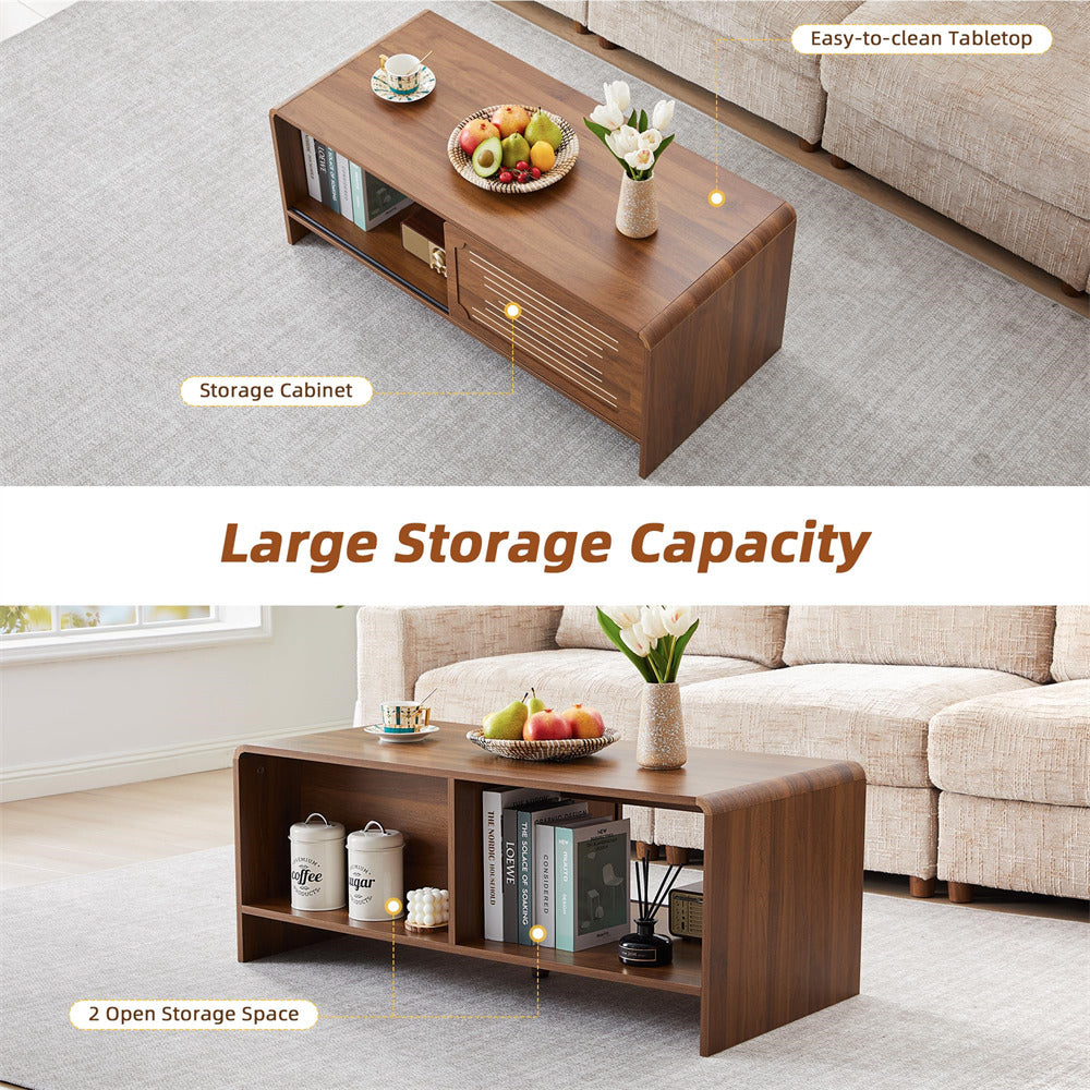 Wooden coffee table with storage compartments in a living room setting