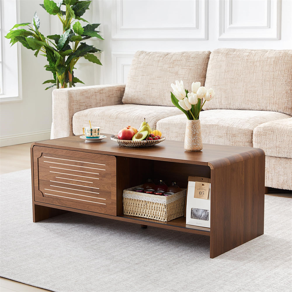 Wooden coffee table with decorative items in a living room setting