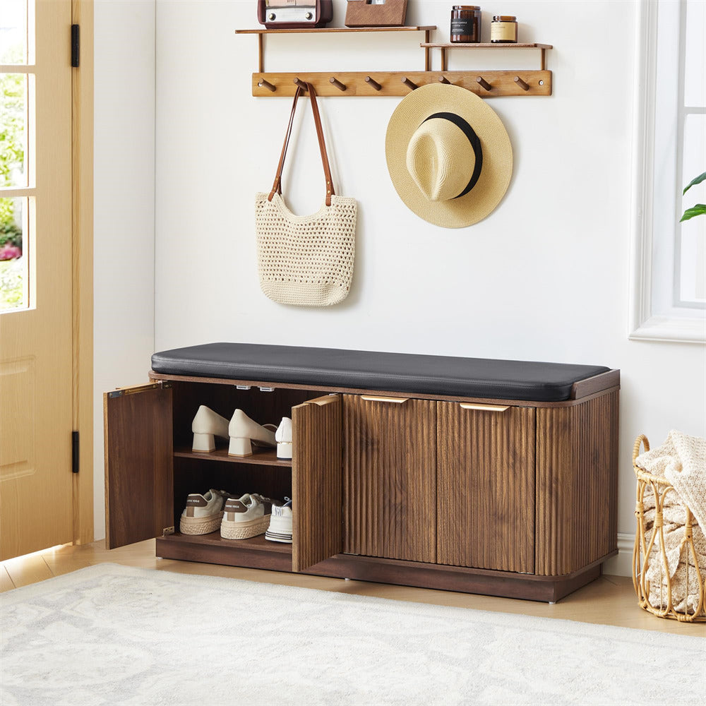 Walnut 43.3'' Fluted 2-Tier Entryway Shoe Storage Bench with Adjustable Shelf and Cushion