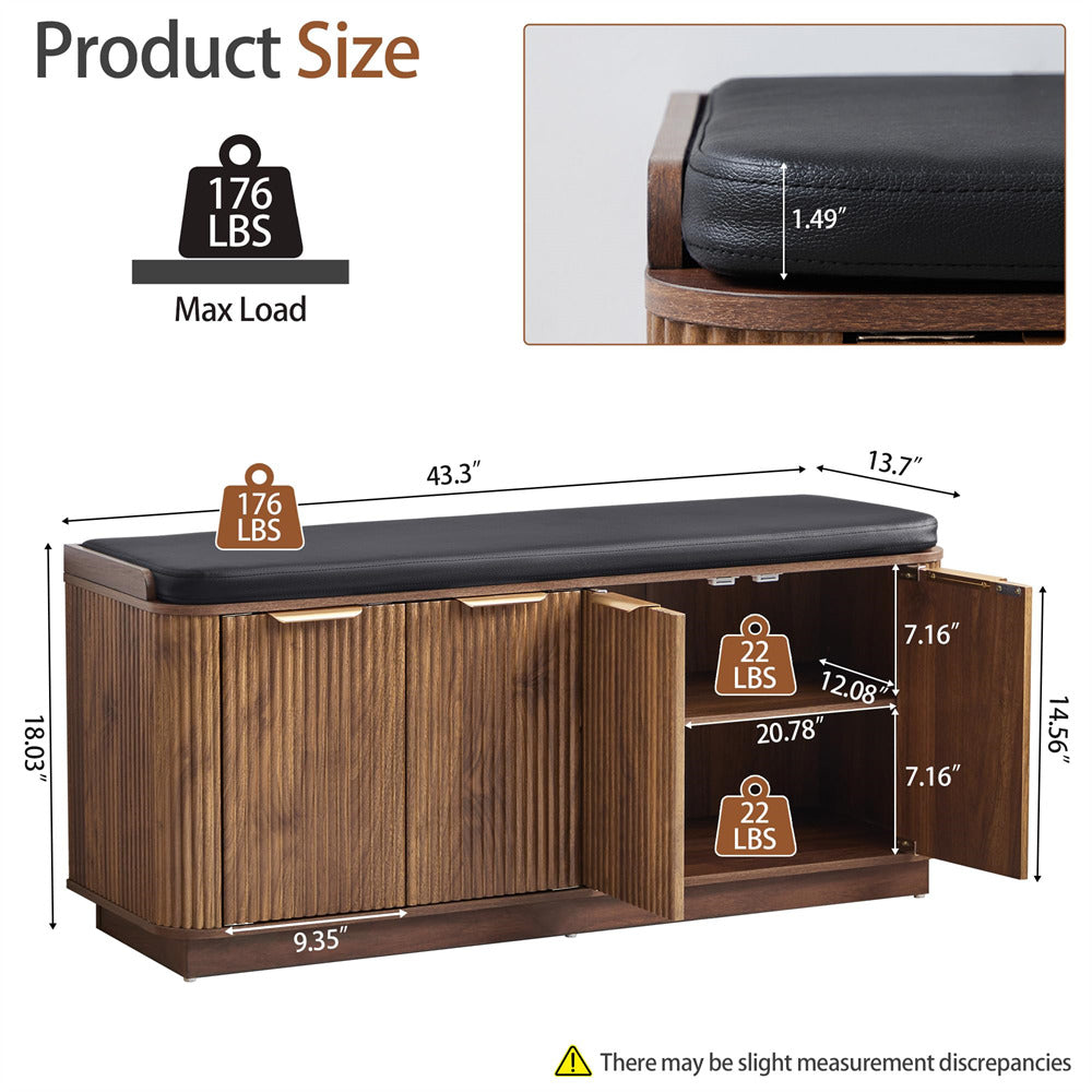 Walnut 43.3'' Fluted 2-Tier Entryway Shoe Storage Bench with Adjustable Shelf and Cushion