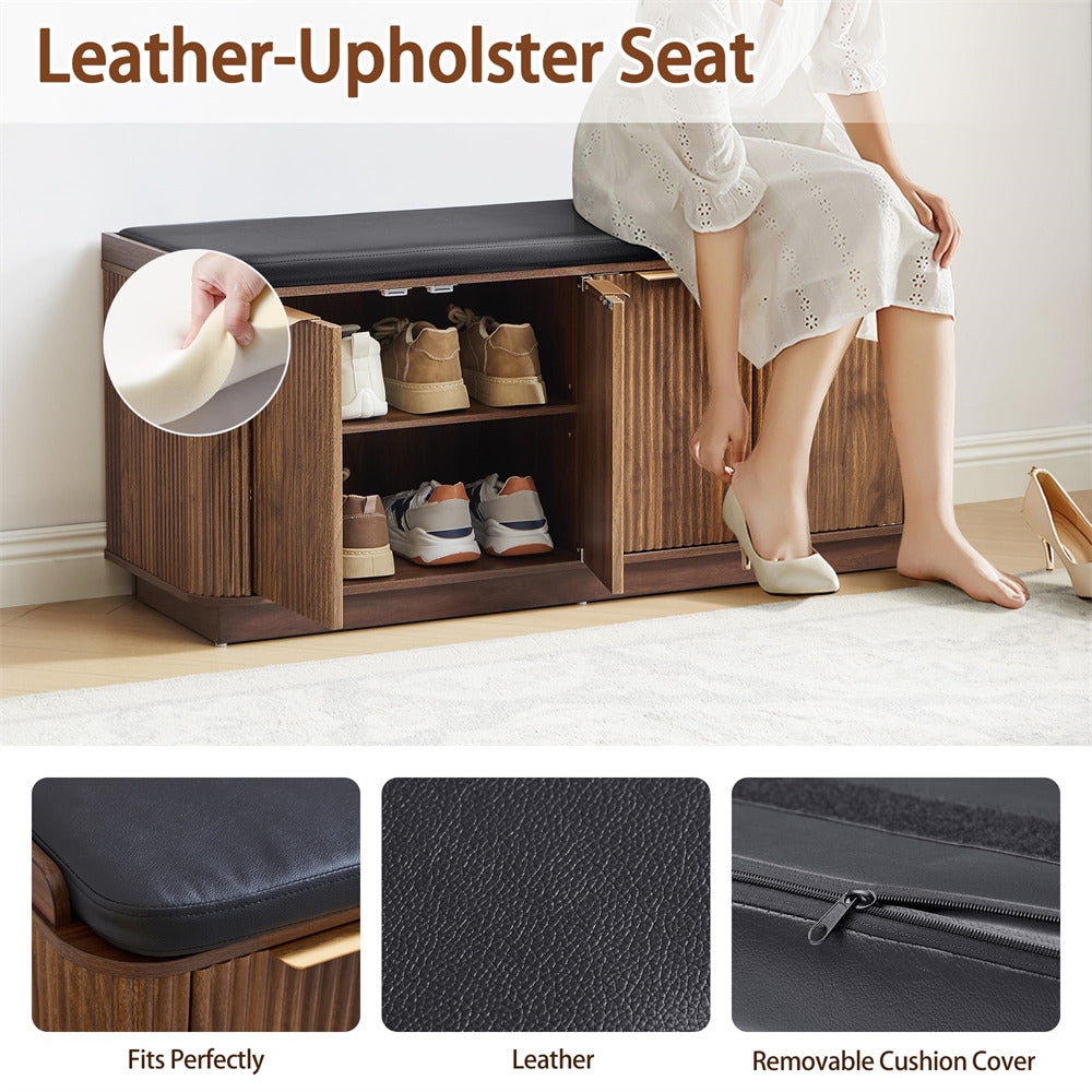 Wooden shoe cabinet with leather-upholstered seat, showing a person using it and close-ups of the seat details.