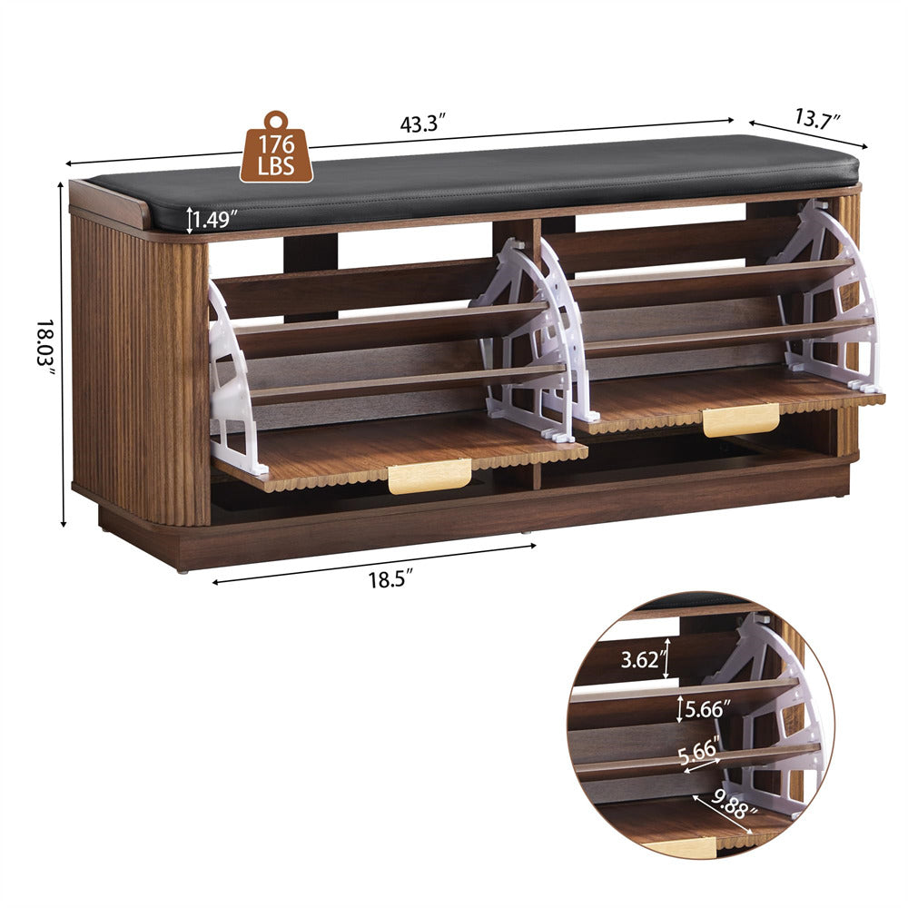 Wooden shoe rack with dimensions and weight capacity on a white background