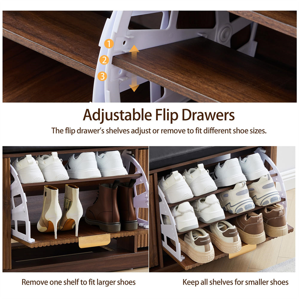 Adjustable flip drawers for shoe storage with labeled features and examples of shoe organization.
