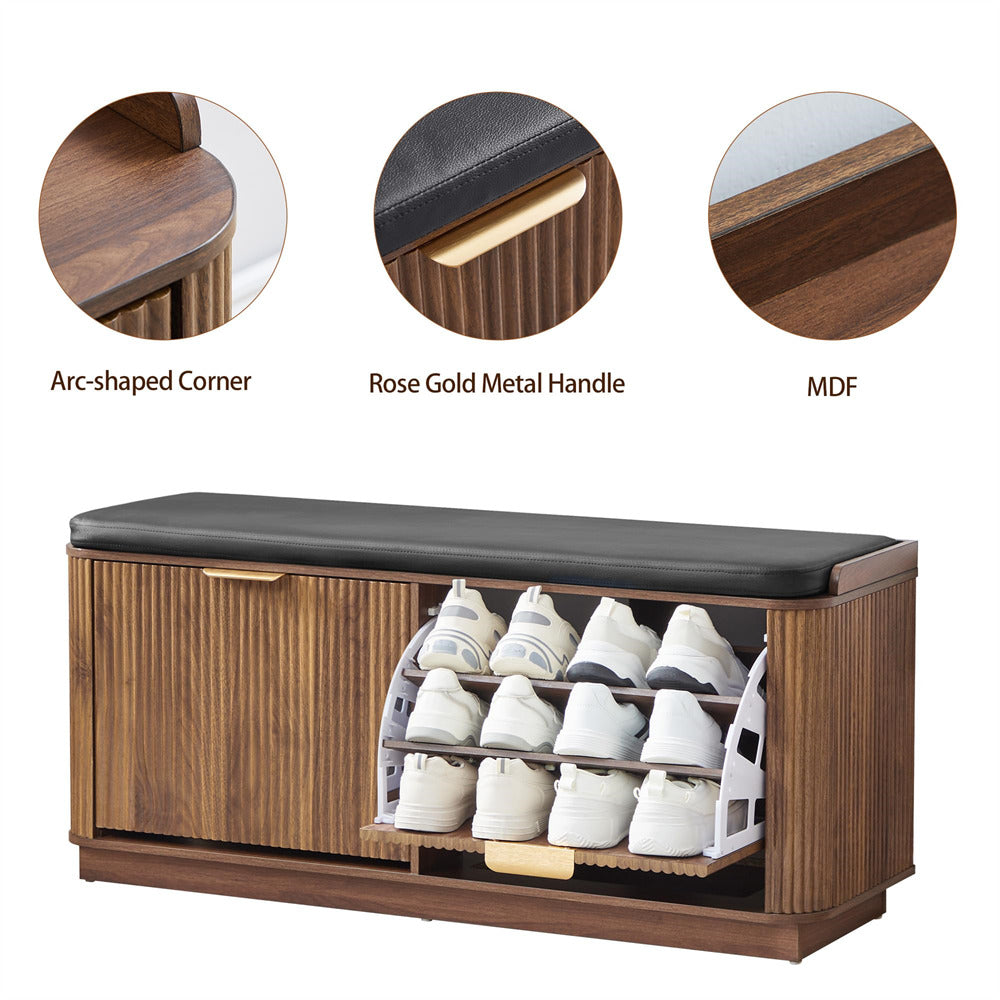 Wooden shoe storage bench with shoe shelves, rose gold metal handle, and MDF construction details.
