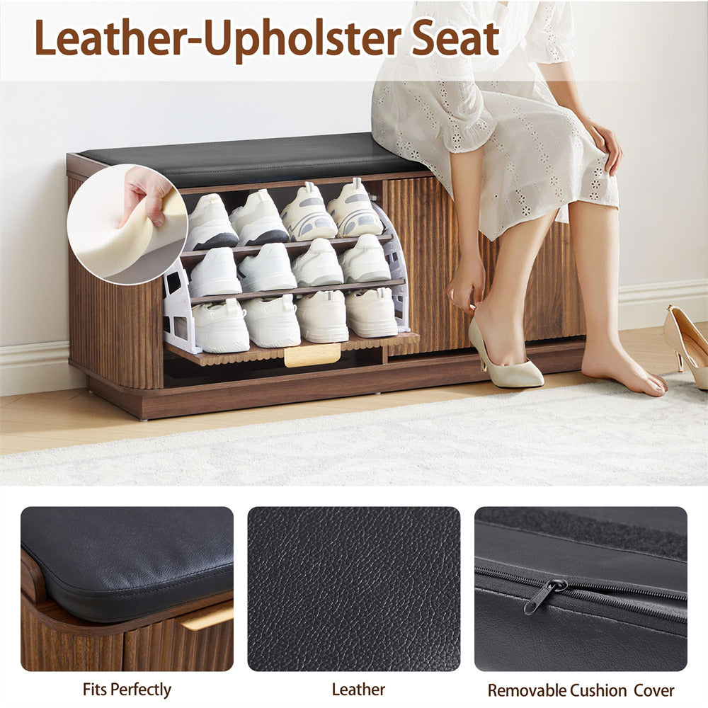 Wooden shoe storage bench with leather-upholstered seat, showing a person using it and close-ups of the materials.