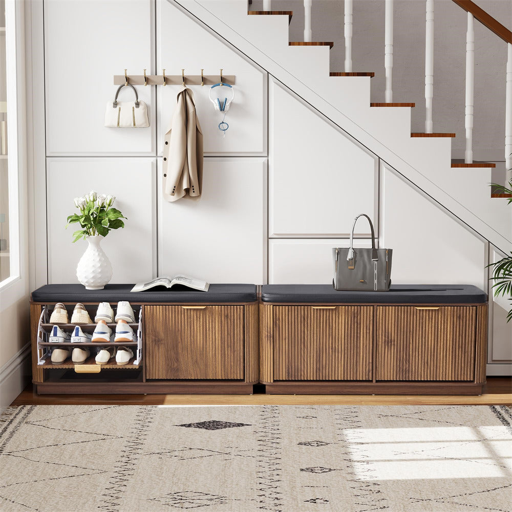 Wooden shoe storage bench with open compartment and closed cabinet doors in a home setting.