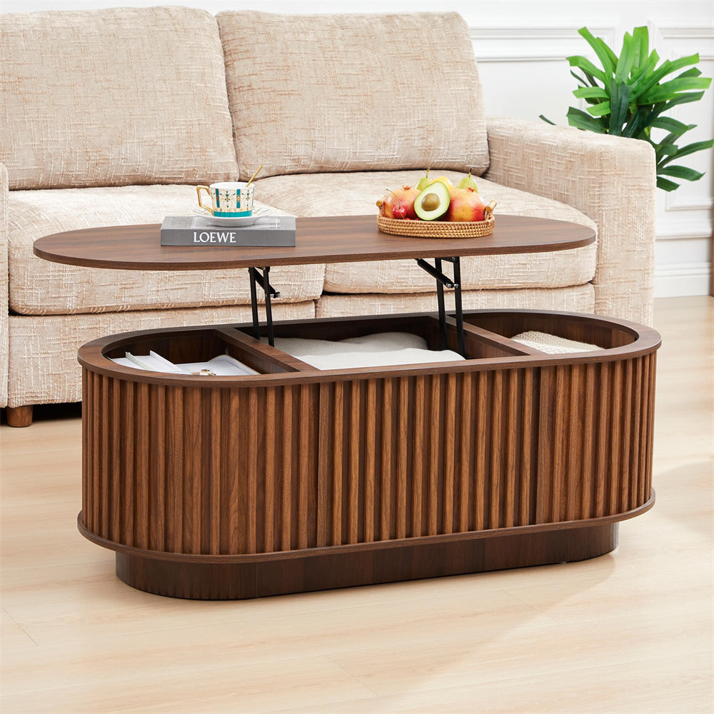 Wooden coffee table with lift-top design in a living room setting