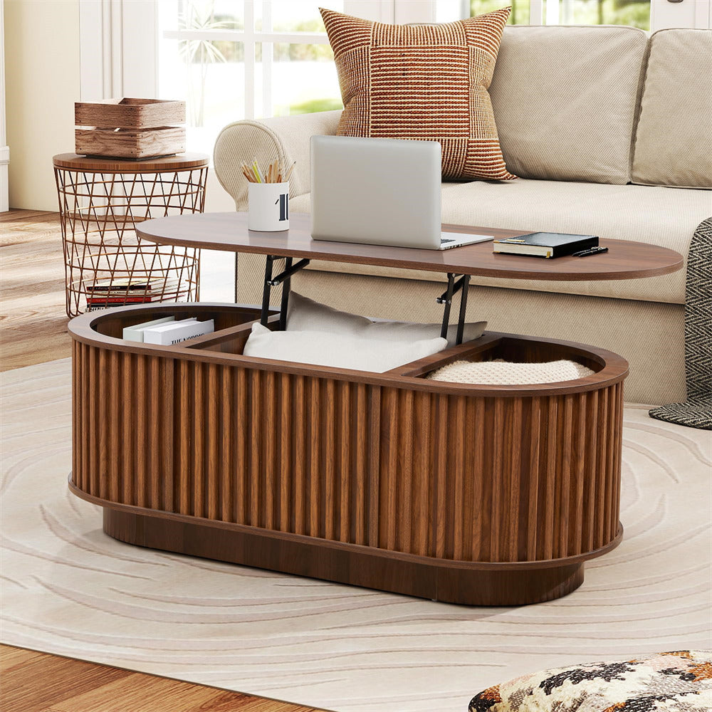Walnut 43.3”Mid Century Modern Oval Lift Top Coffee Table with Hidden Compartment