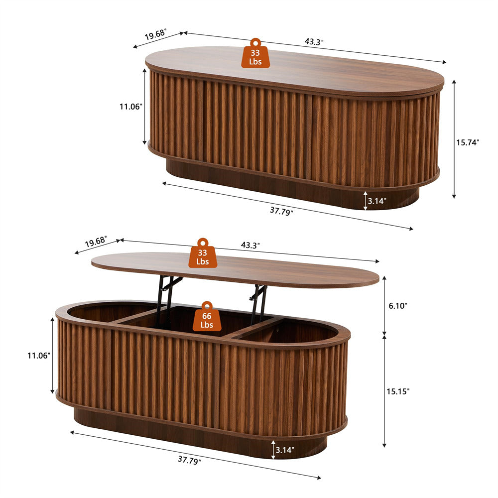 Walnut 43.3”Mid Century Modern Oval Lift Top Coffee Table with Hidden Compartment