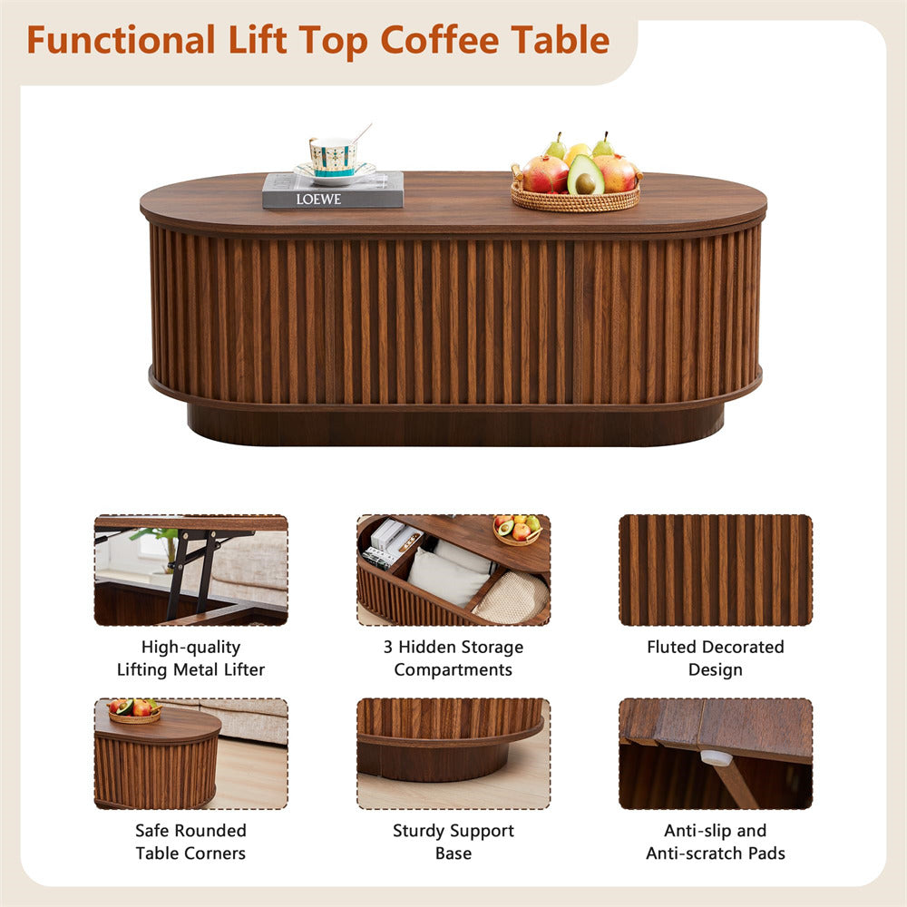 Wooden coffee table with lift top feature, shown with various features highlighted.
