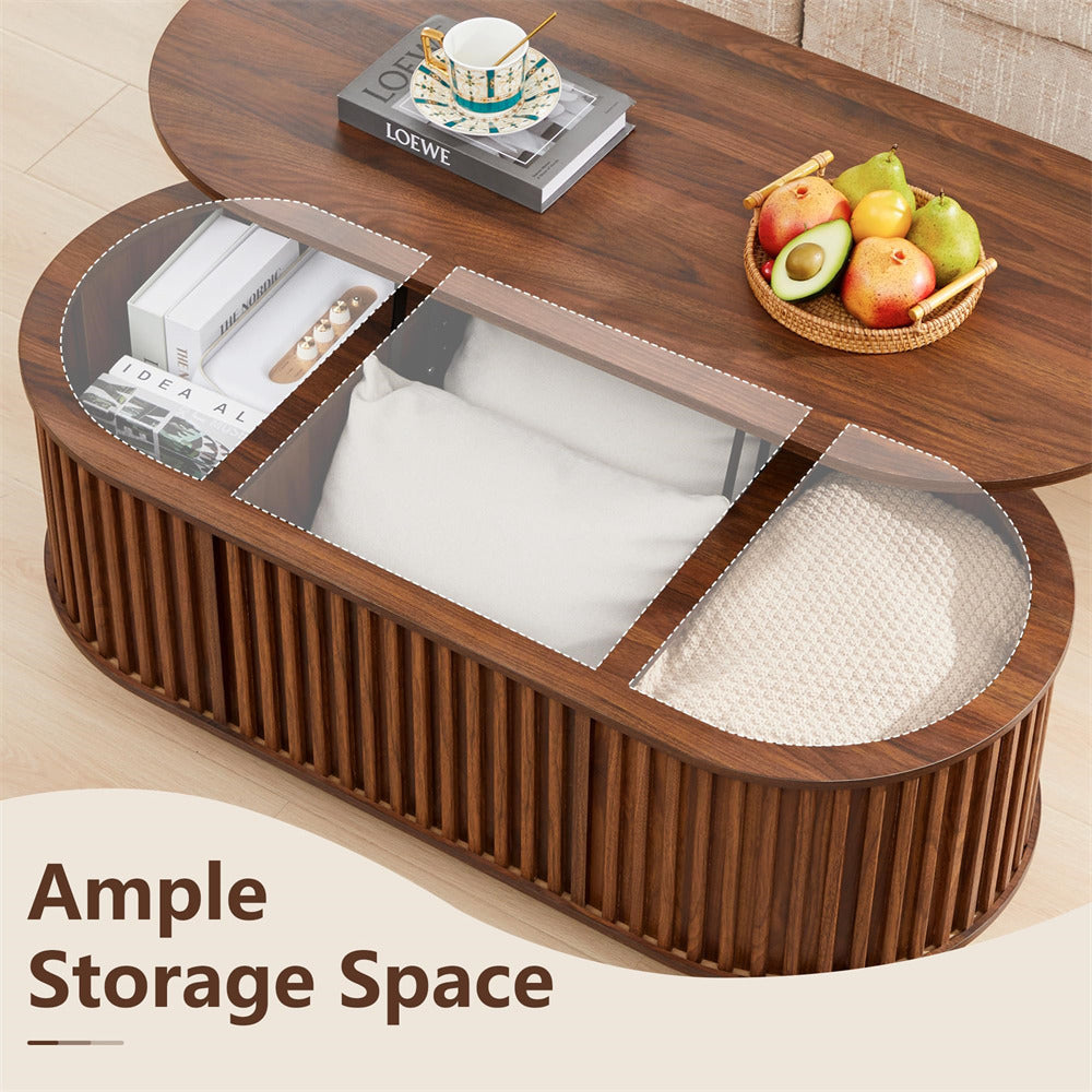 Wooden coffee table with storage compartments and decorative items on a light background