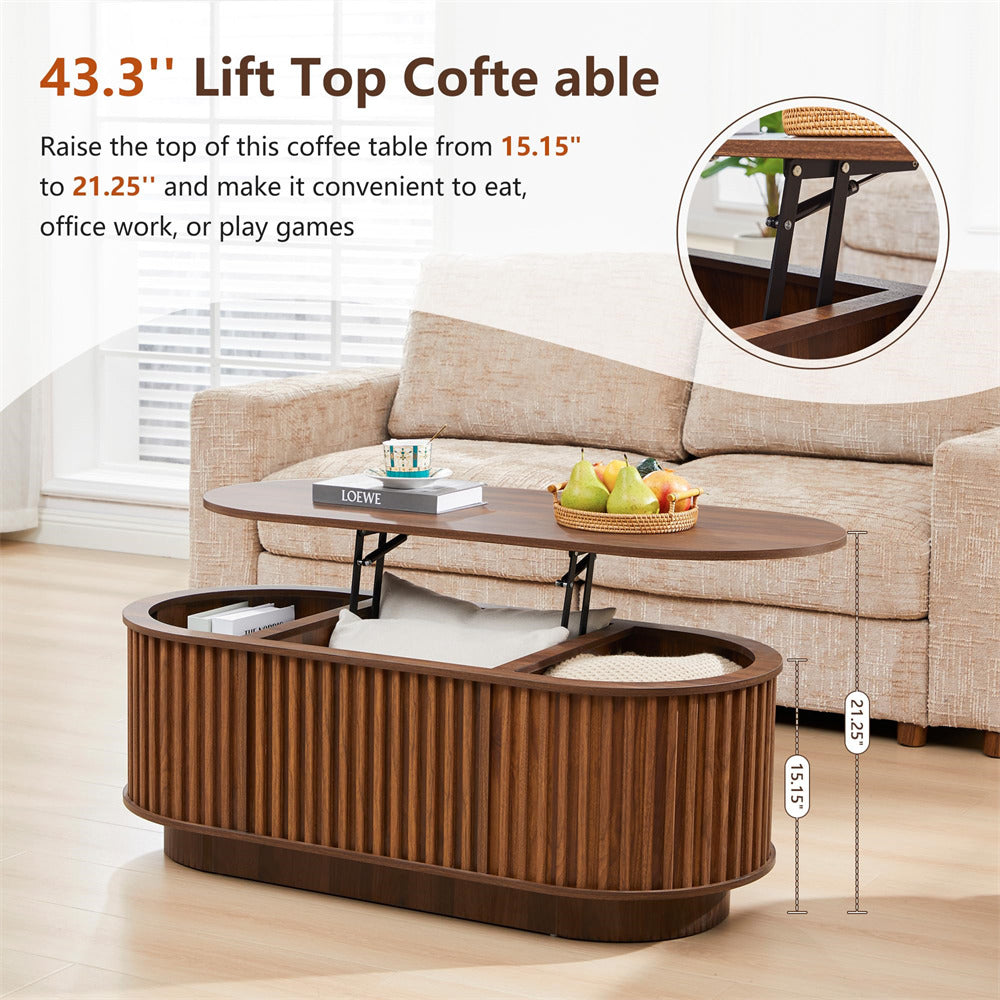 Wooden coffee table with lift-top feature in a living room setting