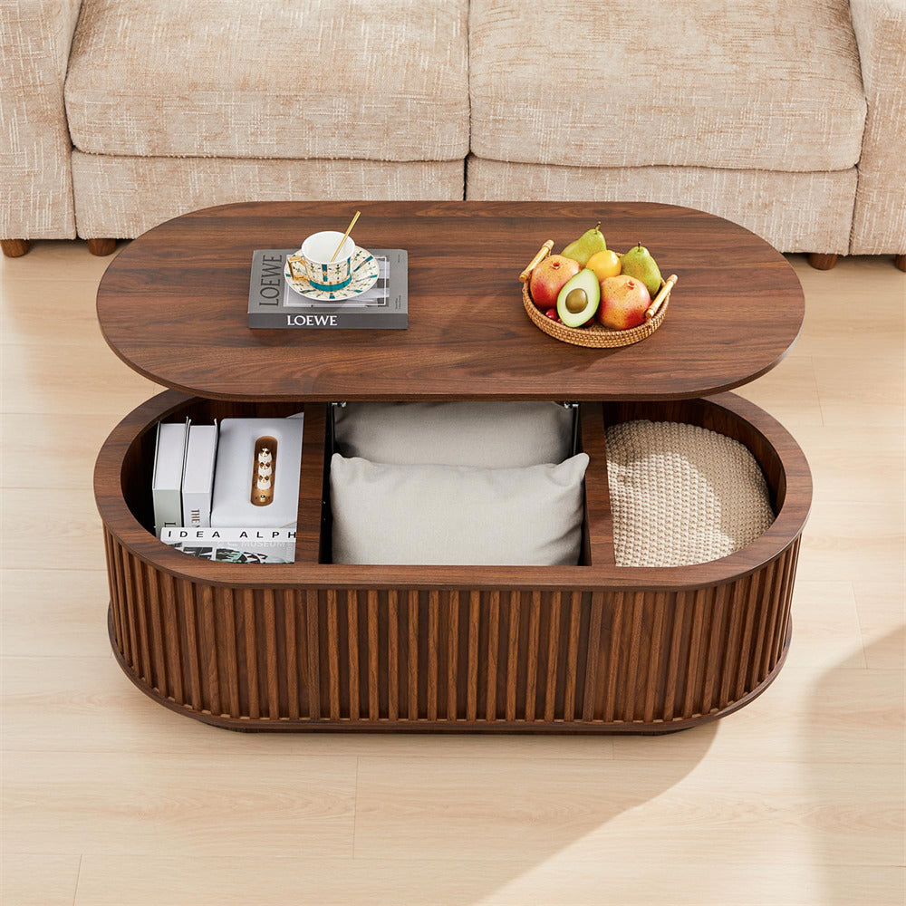 Wooden coffee table with storage compartments on a light wood floor.
