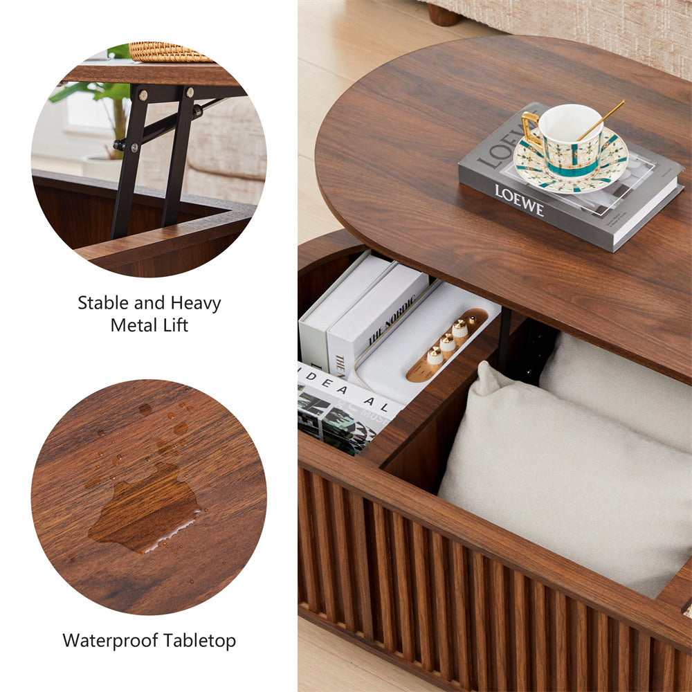 Wooden coffee table with storage compartments, books, and a cup on top.