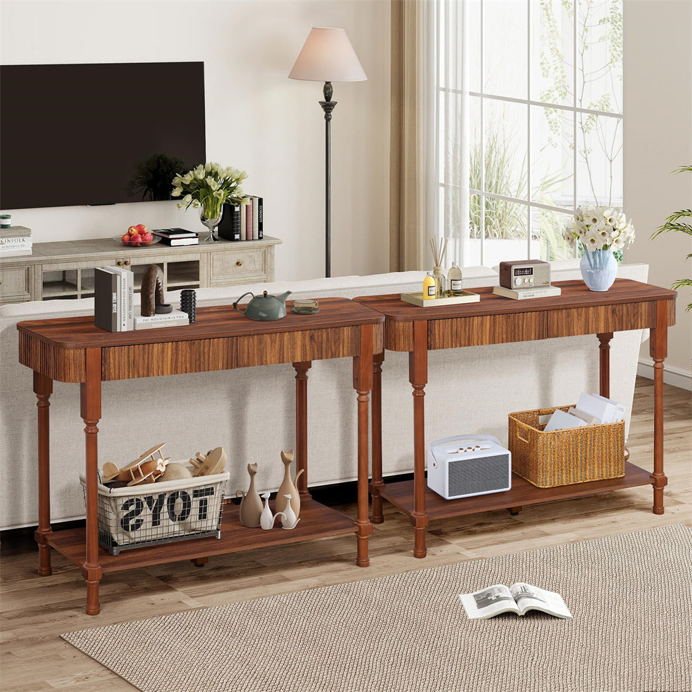 Wooden 43.3" console table in a living room setting with decor items.
