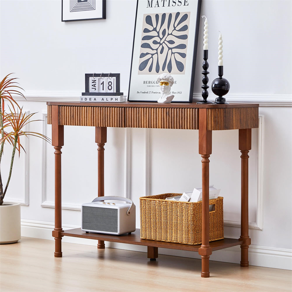 Wooden 43.3" console table with decorative items against a white wall