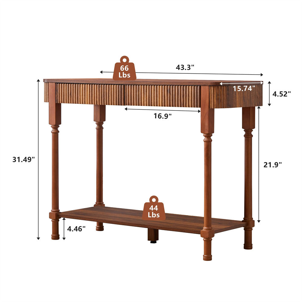 Wooden 43.3" console table with dimensions and weight indicators on a white background