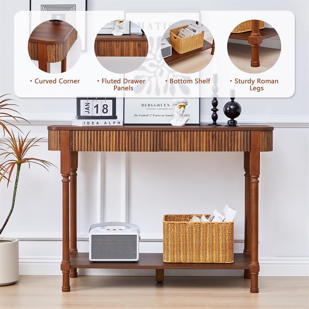 Wooden 43.3" console table with features highlighted on a white wall.