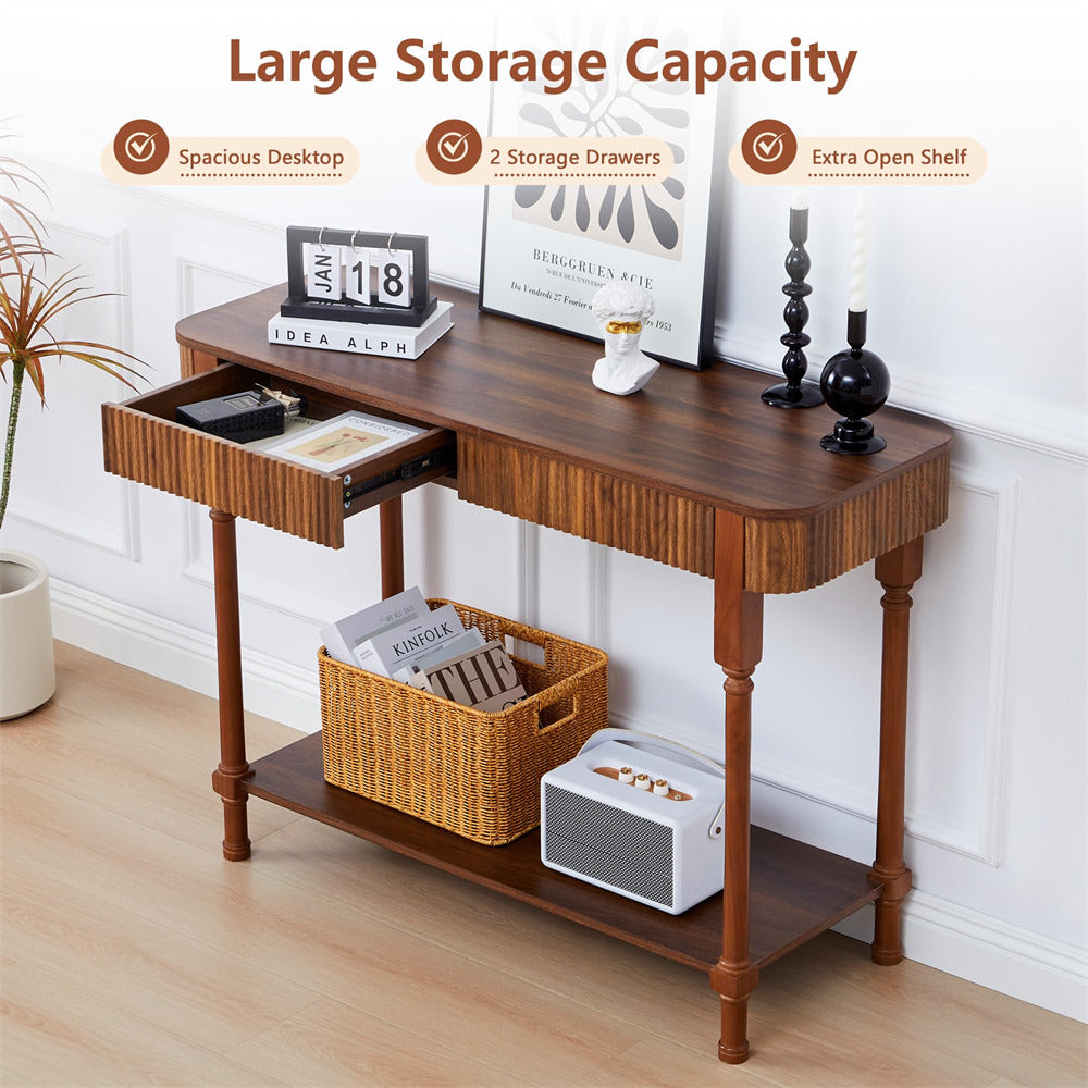 Wooden 43.3" console table with storage drawers and open shelf in a room setting.