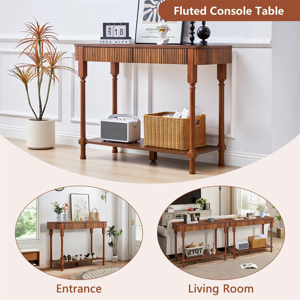 Fluted 43.3" console table with decorative items in a living room setting