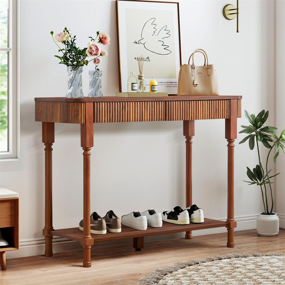 Wooden 43.3" console table with decor items in a room setting