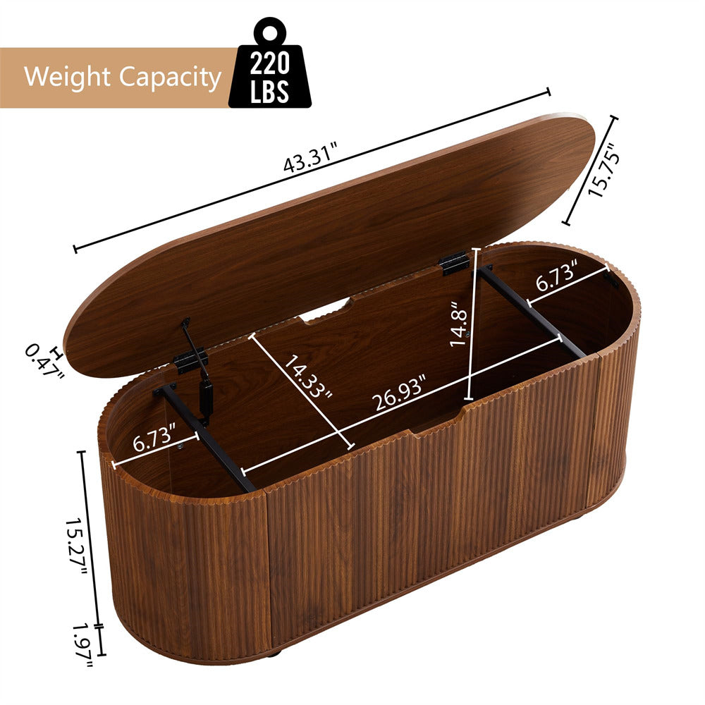 Wooden storage bench with dimensions and weight capacity label on a white background