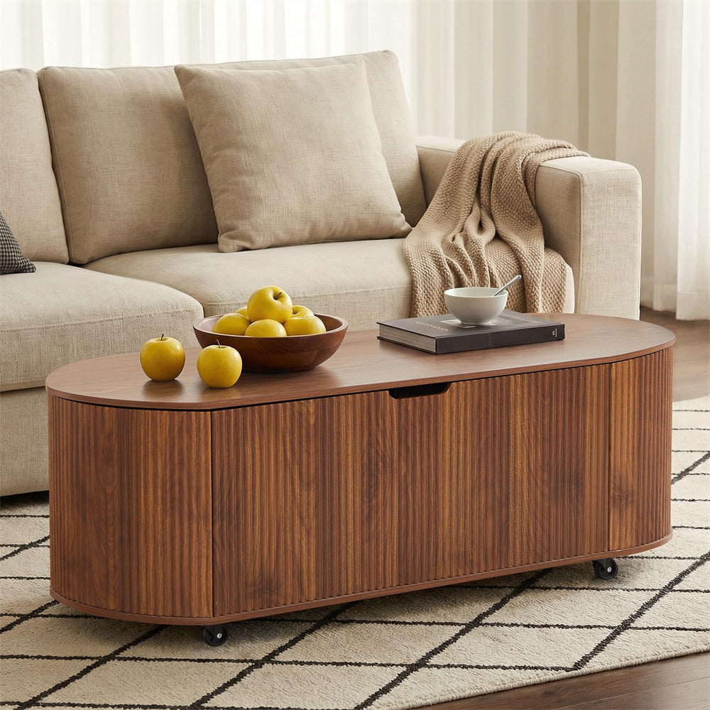Wooden coffee table with fruits and a bowl in a living room setting