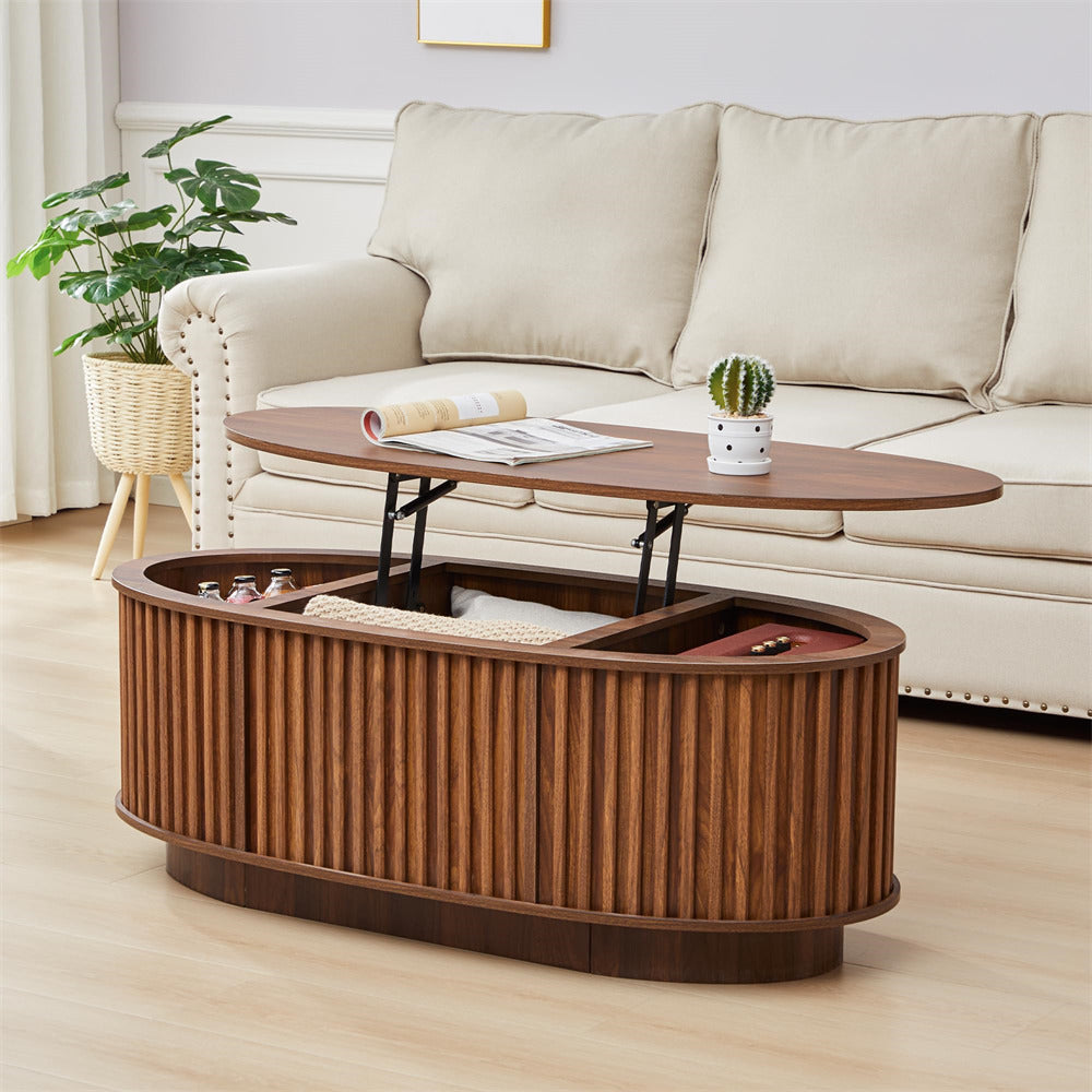 Wooden coffee table with lift-top design in a living room setting