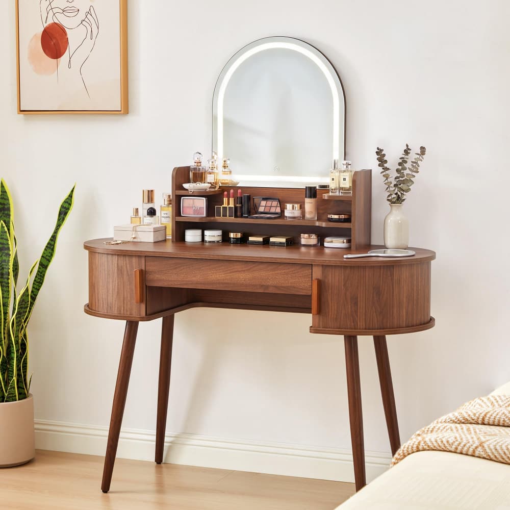 Walnut  43" Fluted Wood Makeup Vanity Desk Dressing Table with Mirror and 3 Light Modes