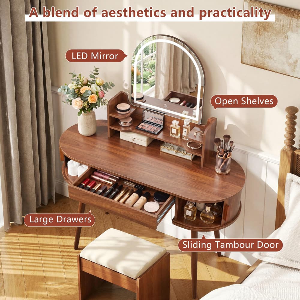 Walnut  43" Fluted Wood Makeup Vanity Desk Dressing Table with Mirror and 3 Light Modes