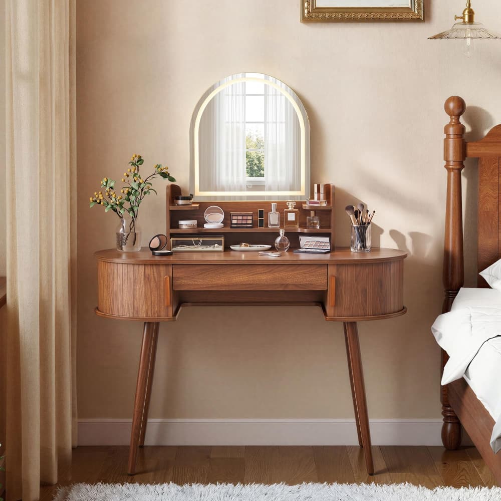 Walnut  43" Fluted Wood Makeup Vanity Desk Dressing Table with Mirror and 3 Light Modes