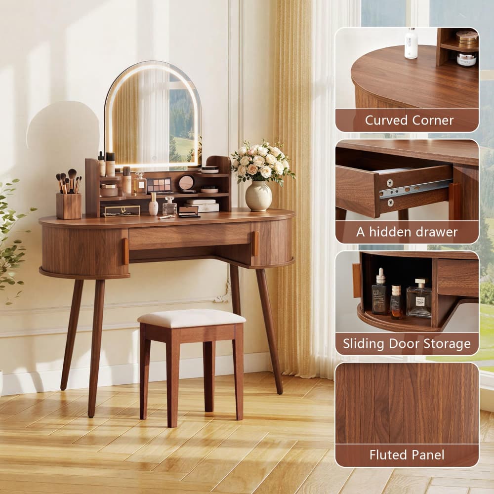 Walnut  43" Fluted Wood Makeup Vanity Desk Dressing Table with Mirror and 3 Light Modes