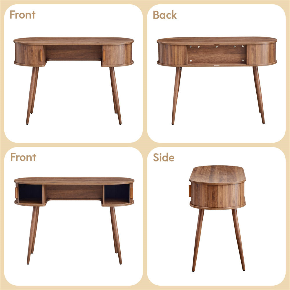 Wooden desk shown from front, back, side, and angled views on a beige background.
