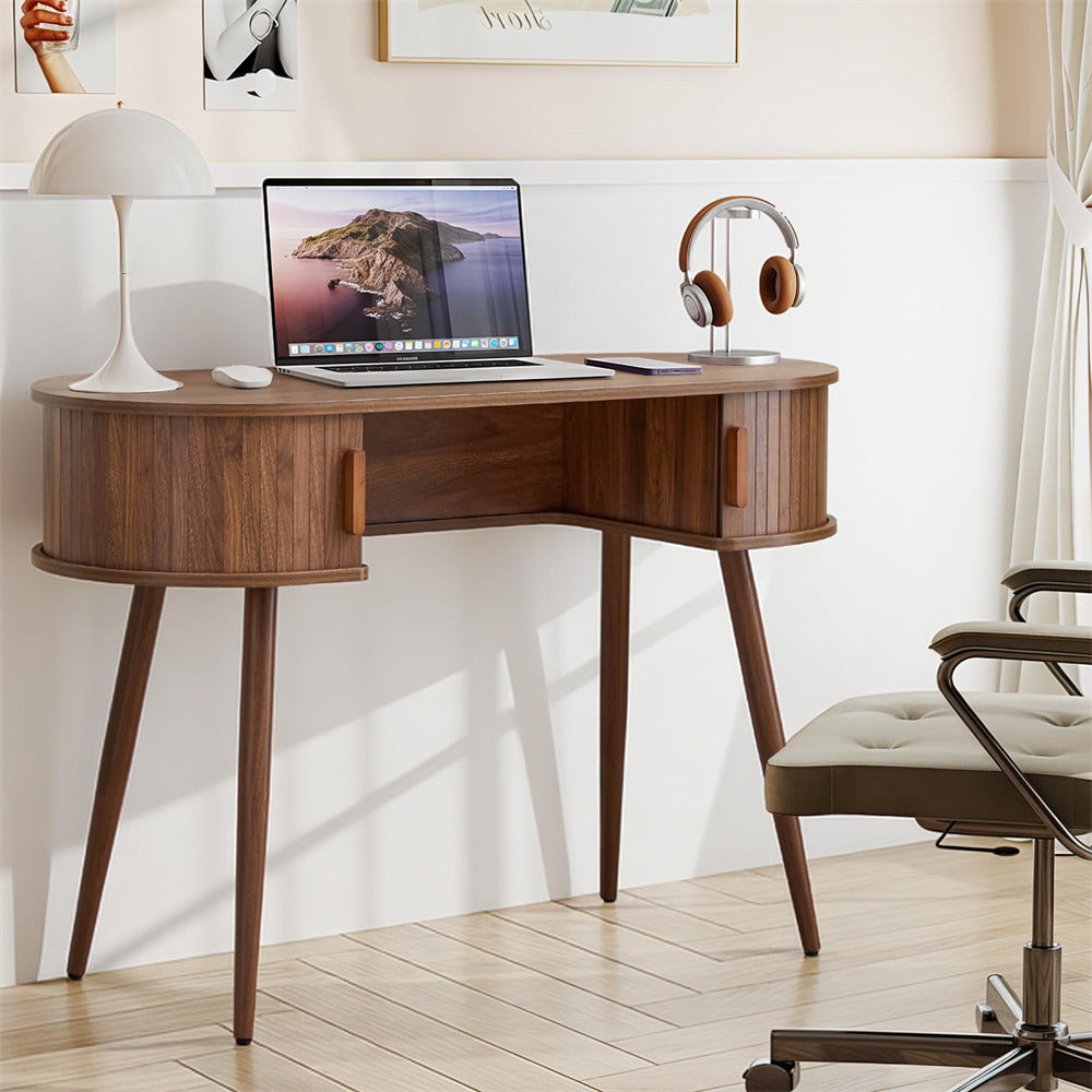 Walnut 43" Mid-Century Wood Home Office Desk with Storage and Metal Legs