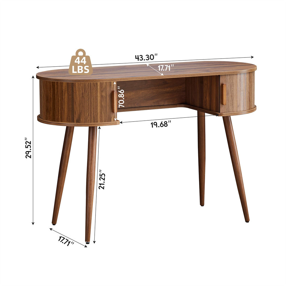 Wooden L-shaped desk with dimensions and weight label on a white background