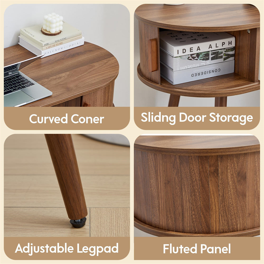Wooden side table with curved corner, sliding door storage, adjustable legpad, and fluted panel design.