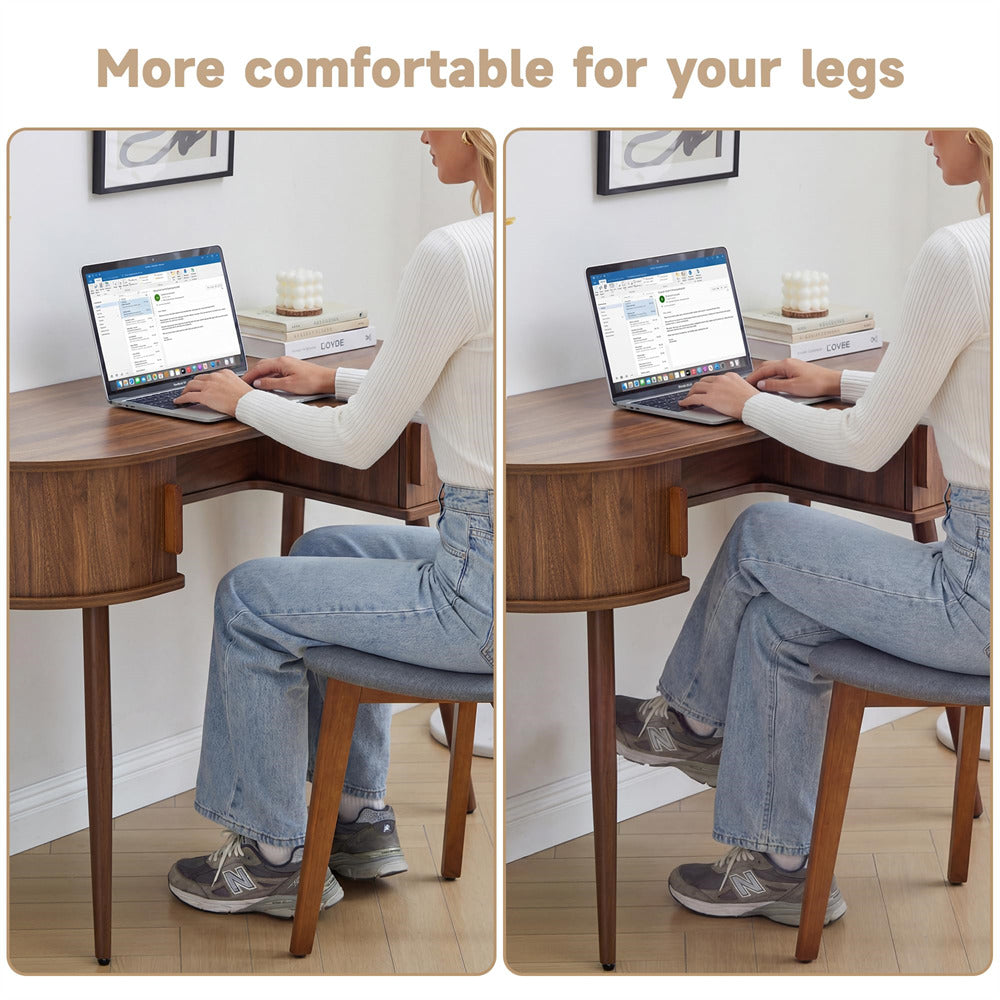 Person using a laptop at a wooden desk with text 'More comfortable for your legs'.
