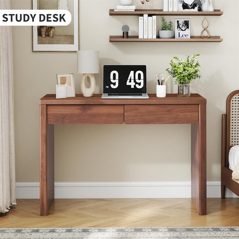 Walnut 43" Mid Century Modern Small Computer Desk with 2 Drawers
