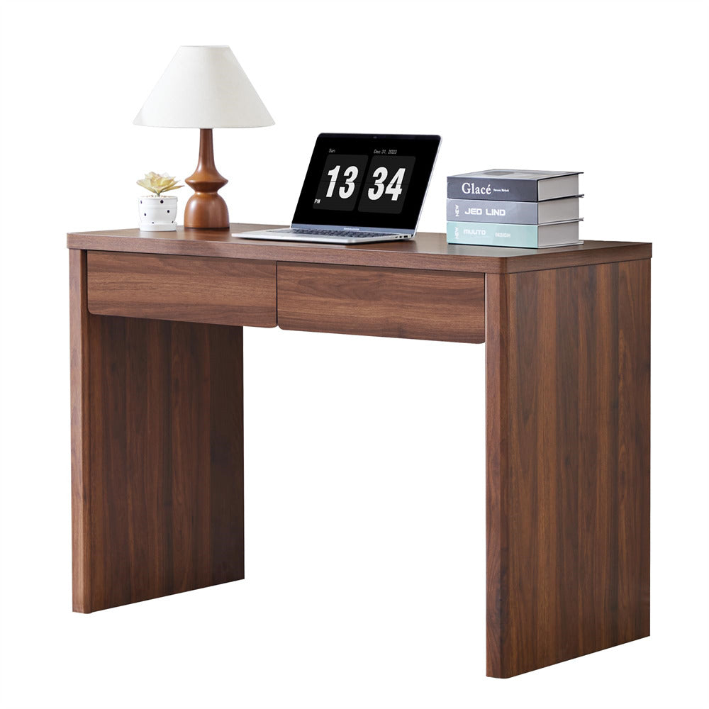 Walnut 43" Mid Century Modern Small Computer Desk with 2 Drawers