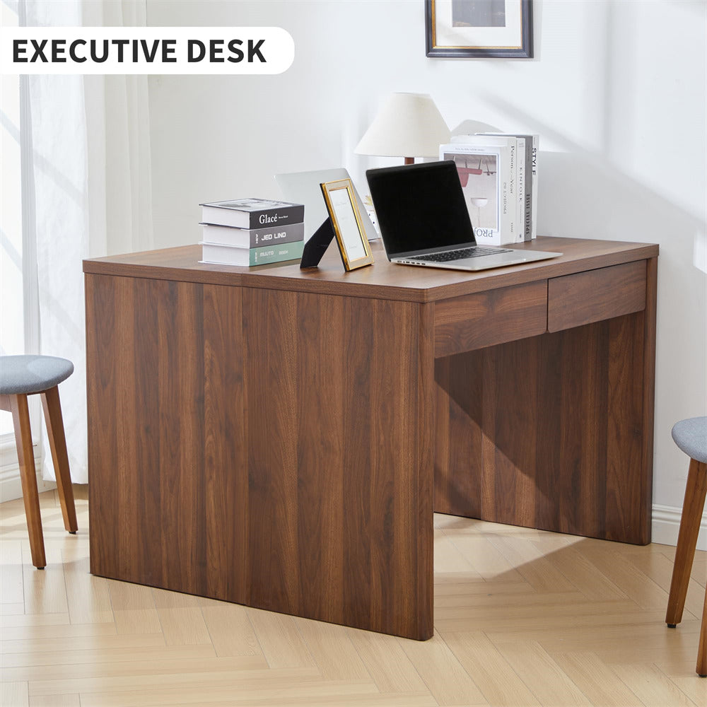 Walnut 43" Mid Century Modern Small Computer Desk with 2 Drawers