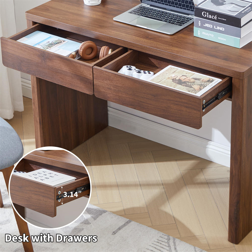Walnut 43" Mid Century Modern Small Computer Desk with 2 Drawers