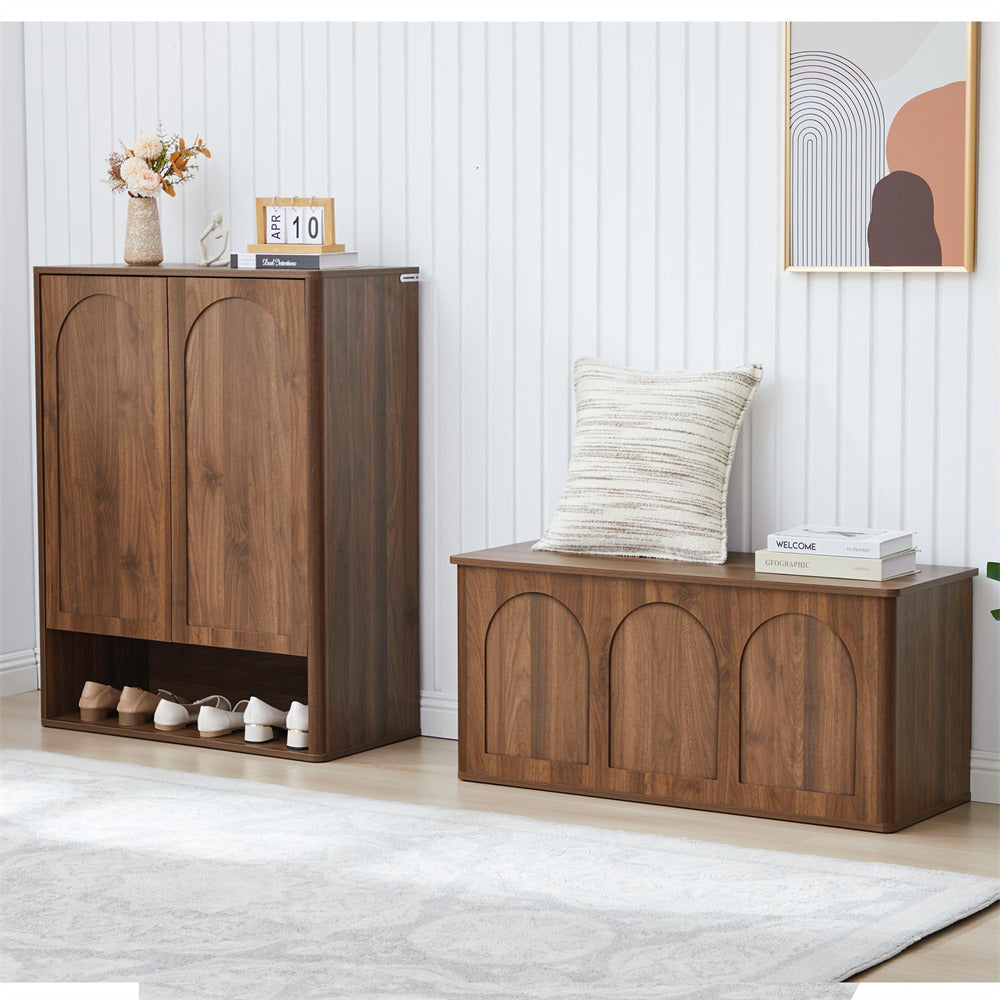 Wooden shoe cabinet and bench with decorative items in a room setting.