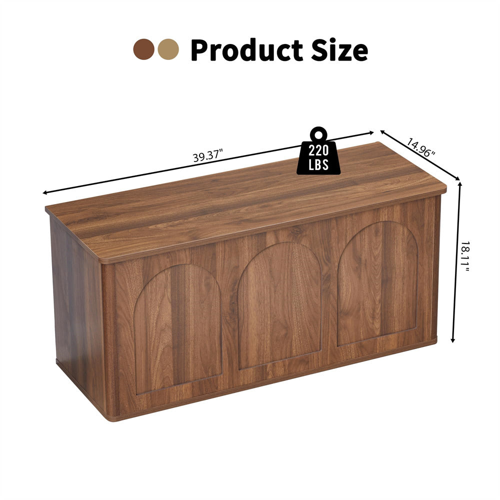 Wooden storage bench with dimensions and weight capacity displayed