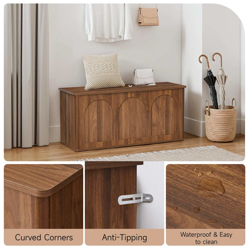 Wooden storage bench with curved corners, anti-tipping feature, and waterproof finish in a home setting.