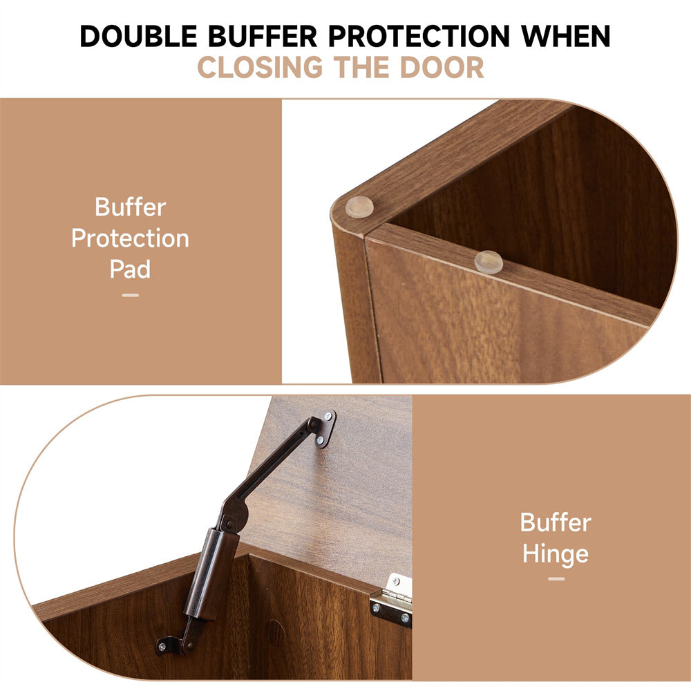 Double buffer protection system for closing a door with buffer protection pad and hinge.