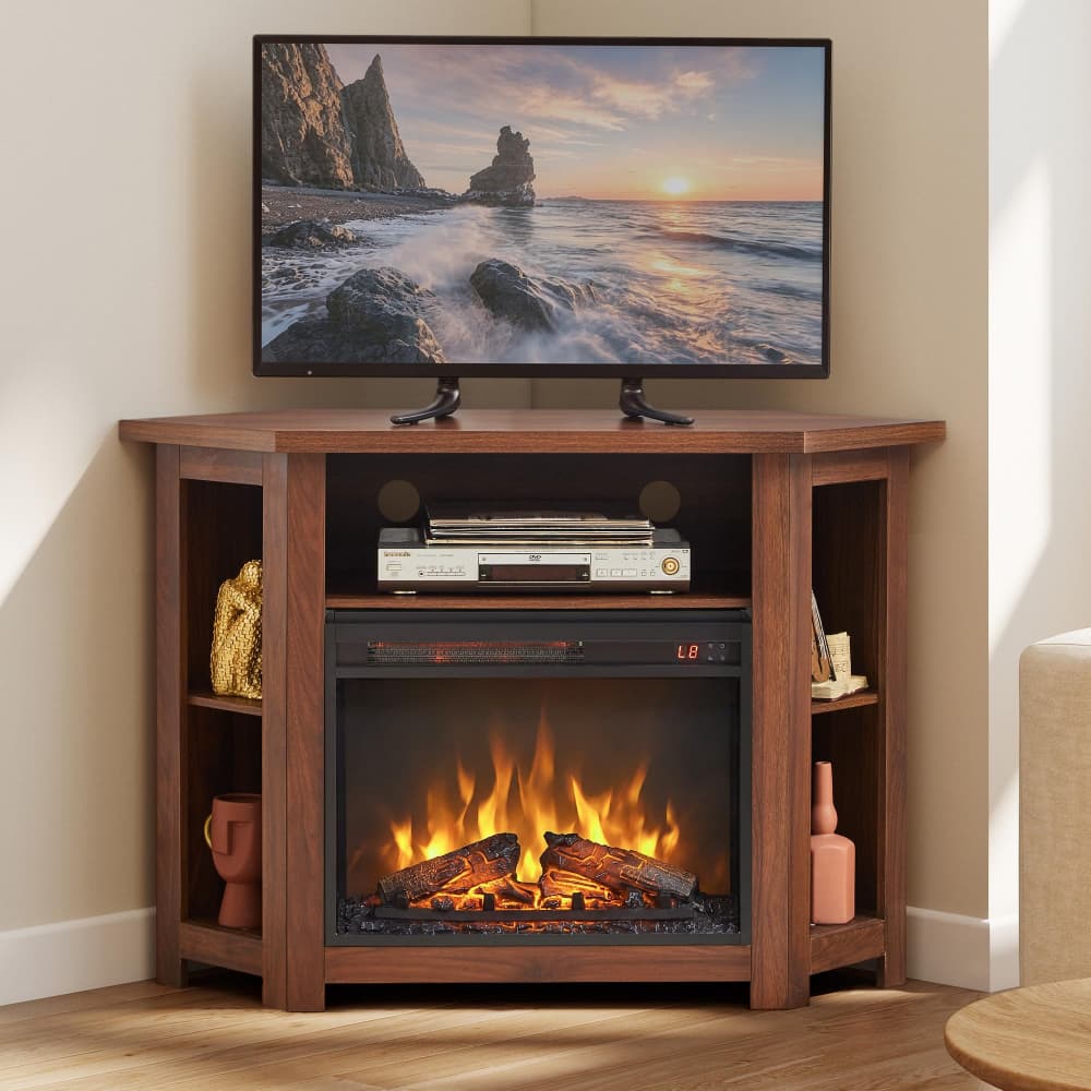 Walnut 44" Corner Fireplace TV Stand up to 50" with 1400W Electric Fireplace & Smart Remote